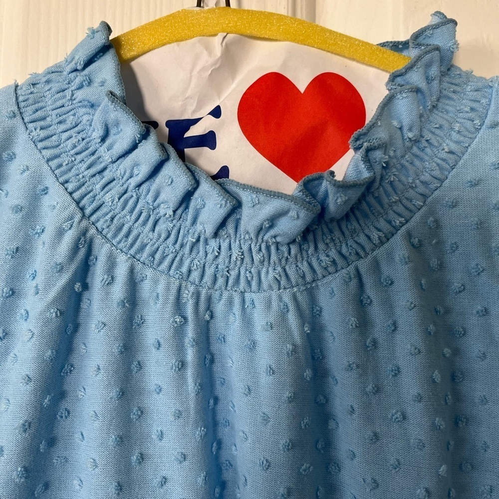 JCrew XS light blue pin dot blouse with ruffle neck and sleeves - Picture 6 of 7